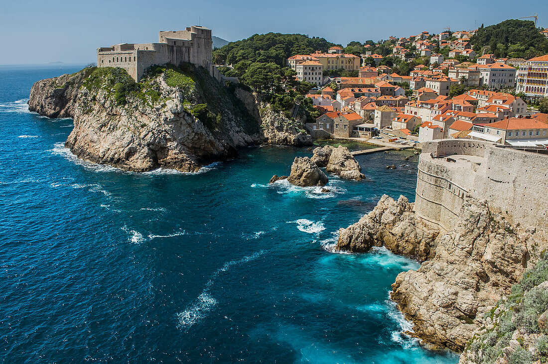 'Rock cliffs and buildings along the coast; Dubrovnik, Dubrovnik-Neretva County, Croatia'
