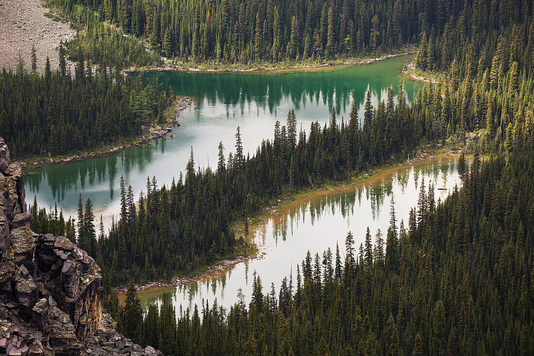 'Two small alpine lakes viewed from above; British Columbia, Canada'
