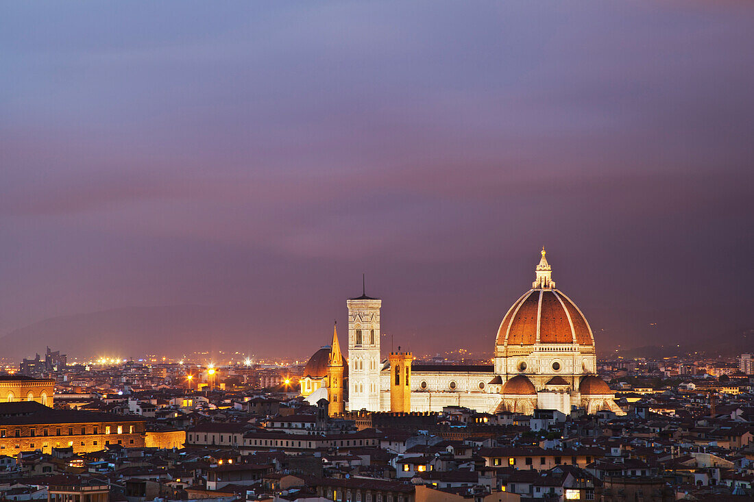 'Florence Cathedral illuminated at dusk; Florence, Tuscany, Italy'