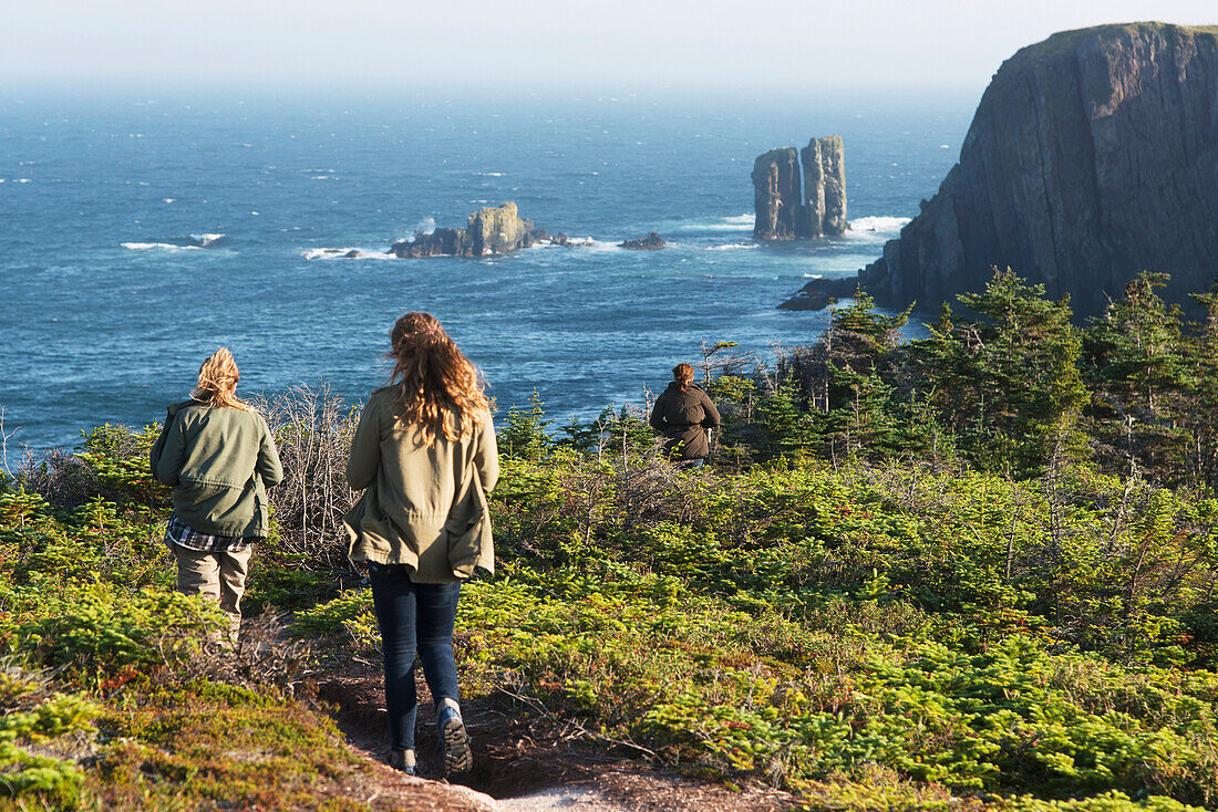'Two young women walking down a trail leading to the Atlantic ocean; Port Rexton, Newfoundland and Labrador, Canada'