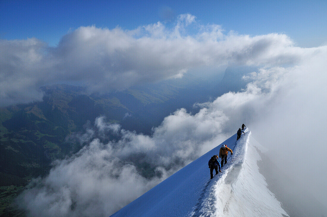 mountaineers on the Mitteleggi-Ridge, Eiger (3970 m), Bernese Alps, Switzerland