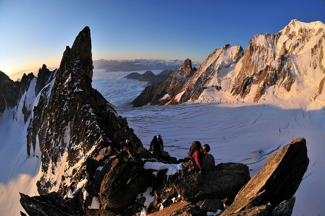 Mountaineers at the start of Tour Ronde, Mont Maudit, Mont Blanc Group, France