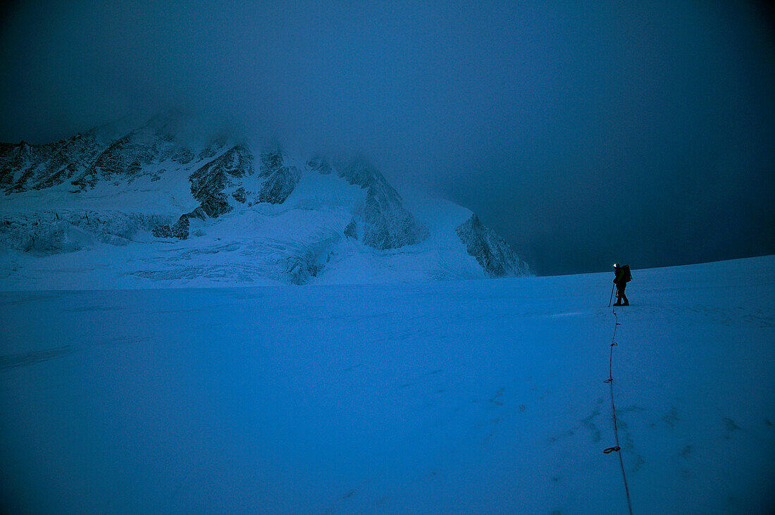 Mountaineer on the glacier at the foot of Bietschhorn (3936 m), Baltschiedertal, Unesco World Heritage, Bernese Alps, Switzerland