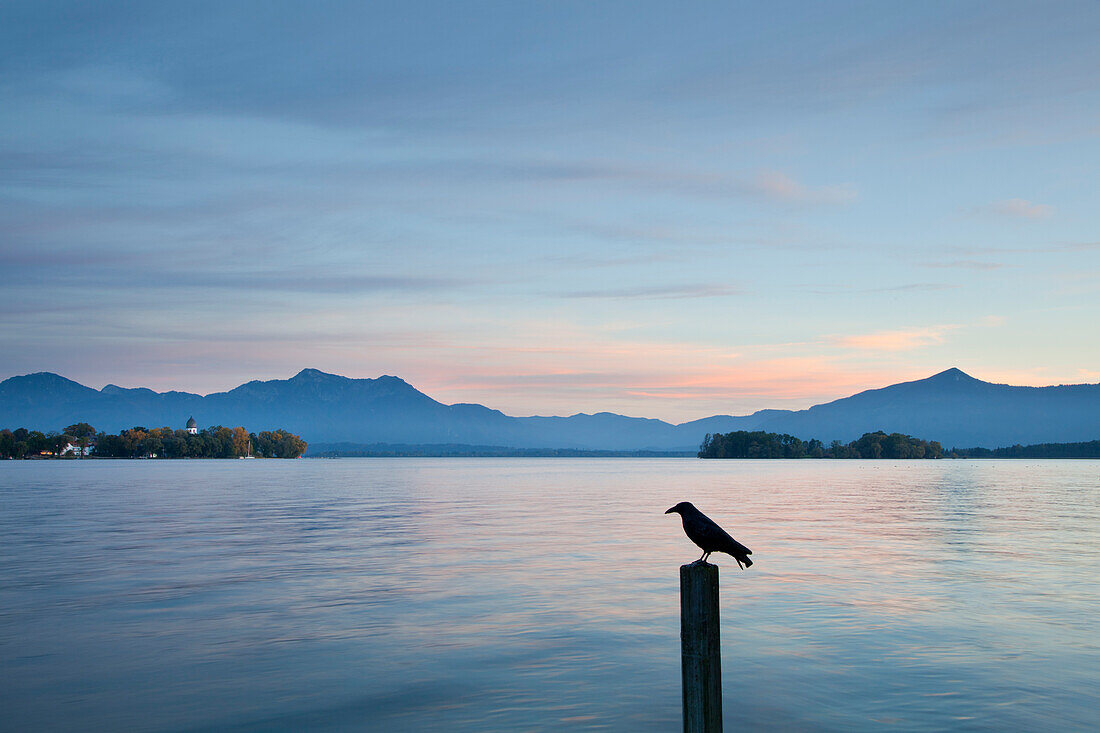 View over Chiemsee to Fraueninsel, near Gstadt, Chiemsee, Chiemgau region, Bavaria, Germany