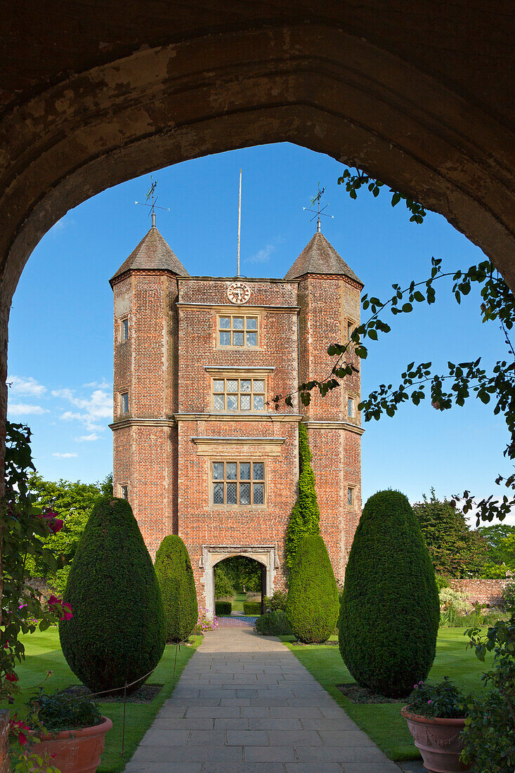 View from the top courtyard to the tower, Sissinghurst Castle Gardens, Kent, Great Britain