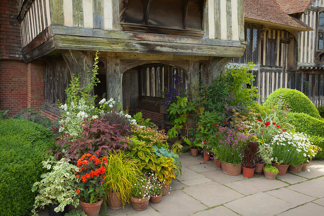 Blumenschmuck am Hauseingang, Northiam, Great Dixter Gardens, East Sussex, Großbritannien