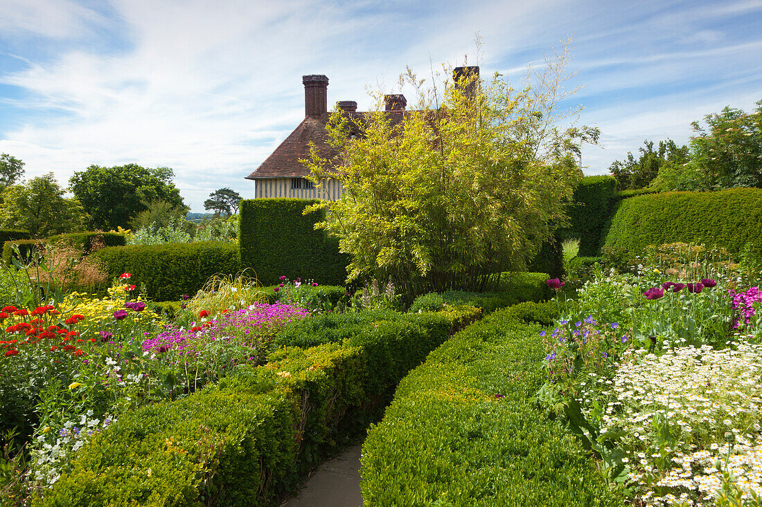 View from the Orchard Garden to the manor house, Great Dixter Gardens, Northiam, East Sussex, Great Britain