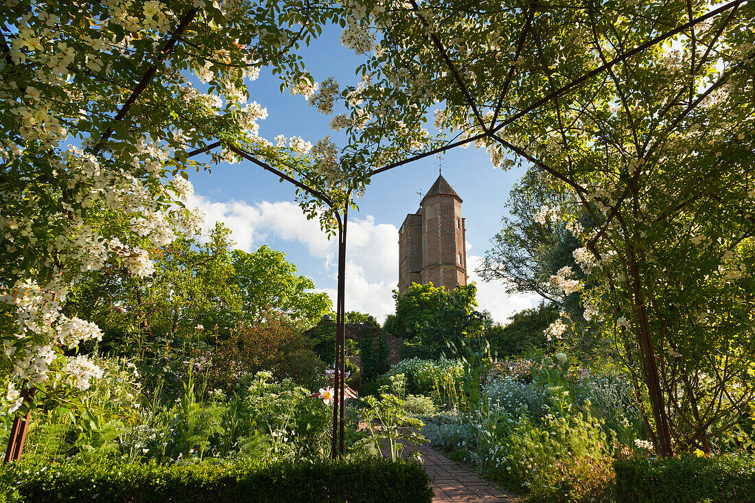 View from the White Garden to the Elizabethan tower, Sissinghurst Castle Gardens, Kent, Great Britain