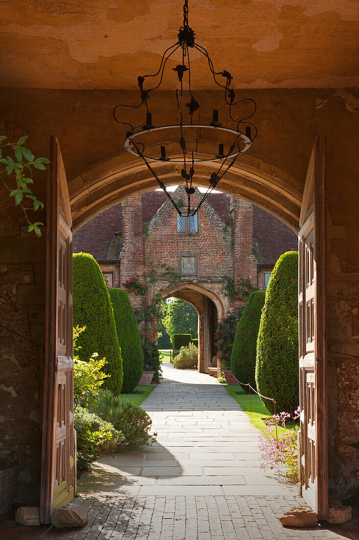 Perspective from the tower to the Top Courtyard, Sissinghurst Castle Gardens, Kent, Great Britain