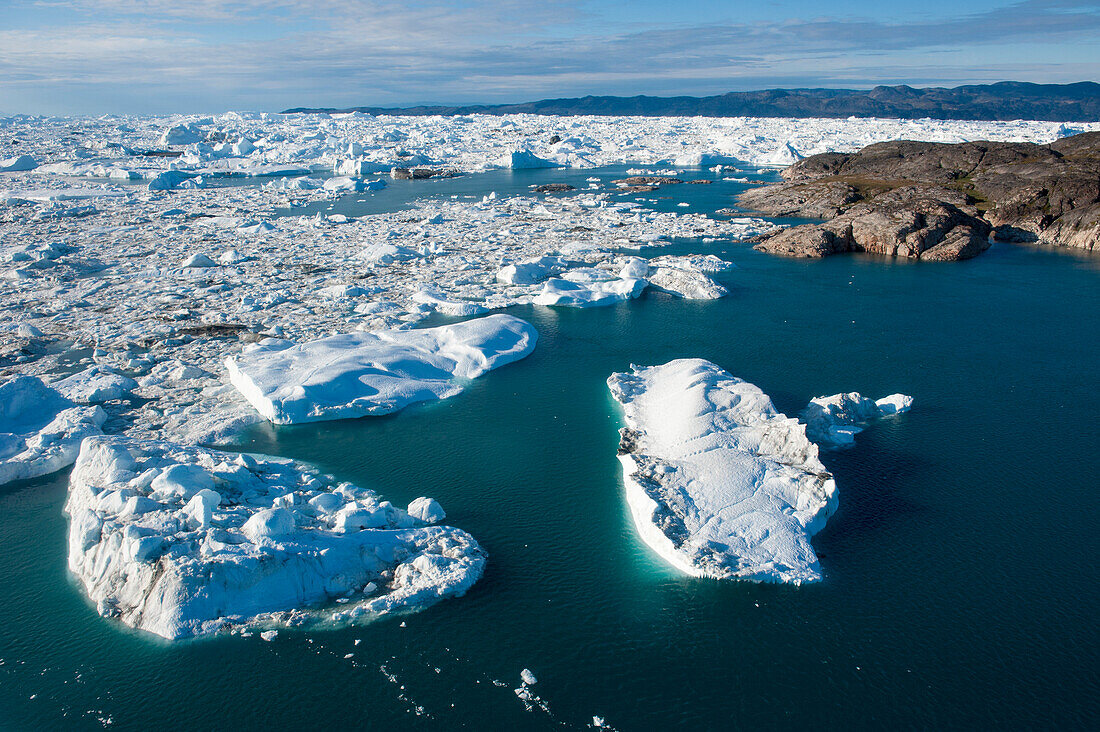 Aerial shot of icebergs, Ilulissat Kangerlua Icefjord, Ilulissat, Qaasuitsup, Greenland