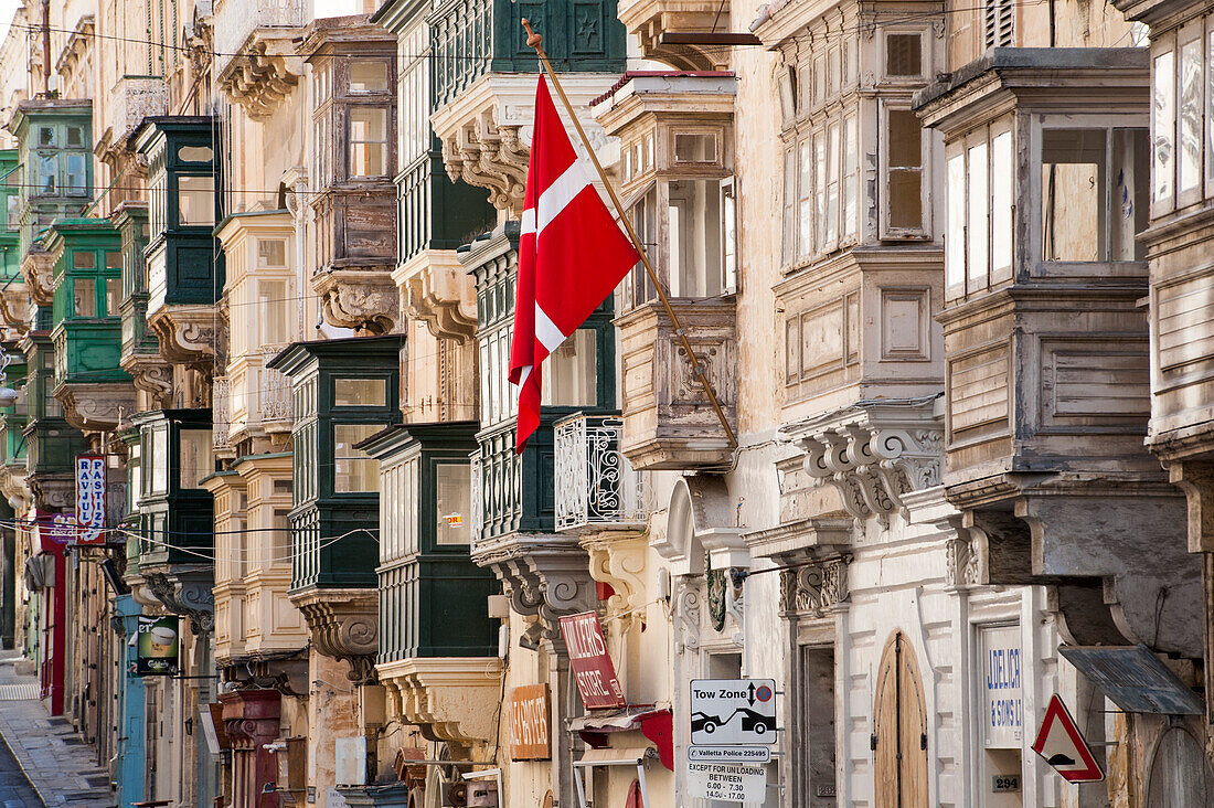 Buildings with balconies in old town, Valletta, Malta