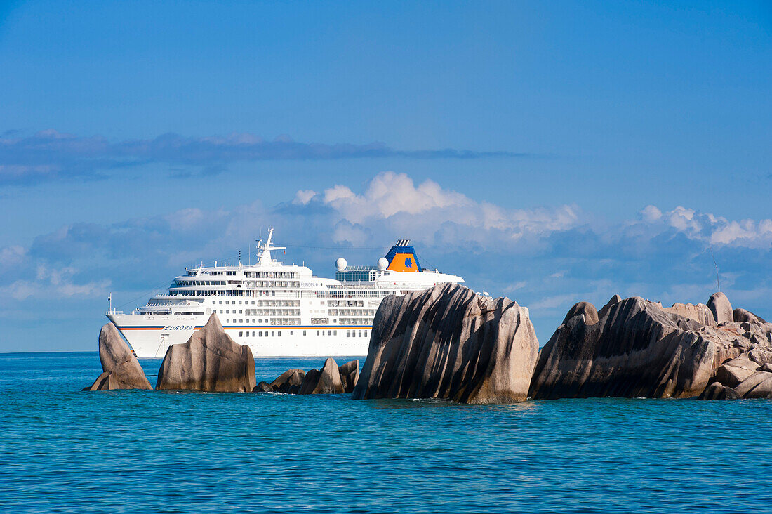 Cruise ship lying in the roads, La Digue Island, Seychelles