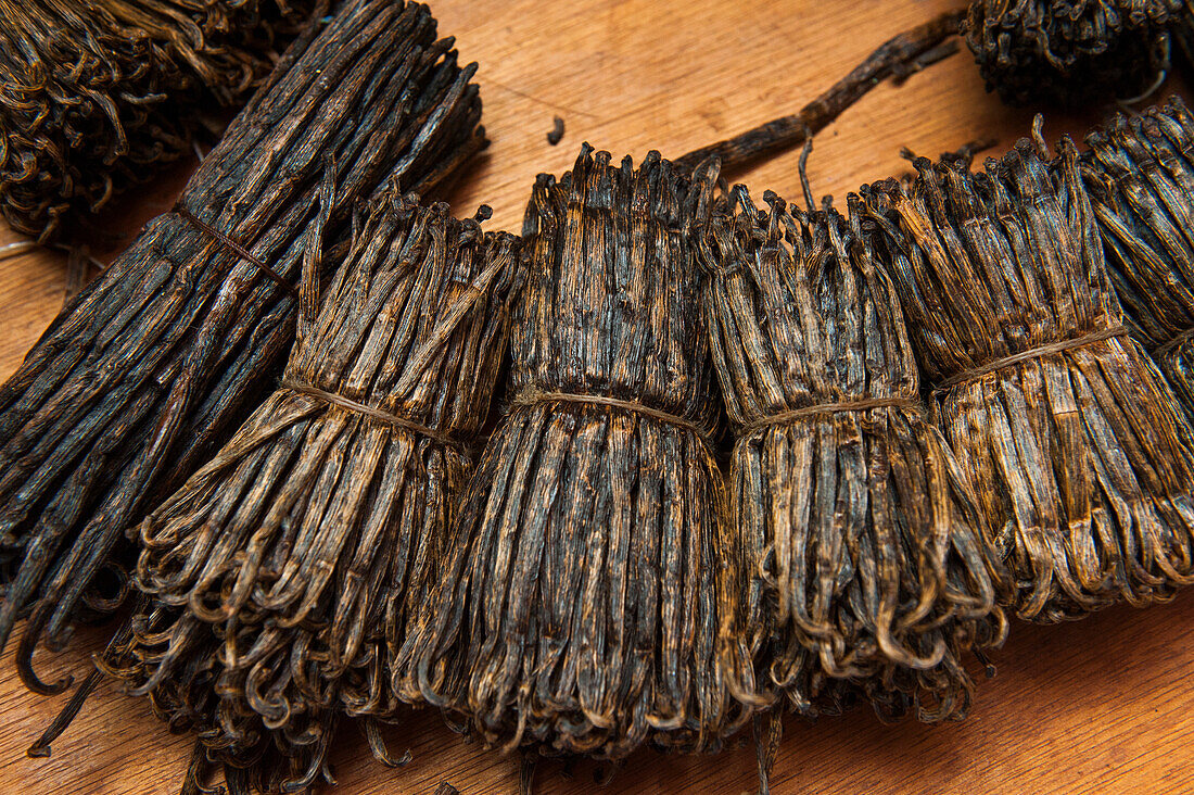 Bunches of dried vanilla beans, Le Port, Reunion, Indian Ocean, France