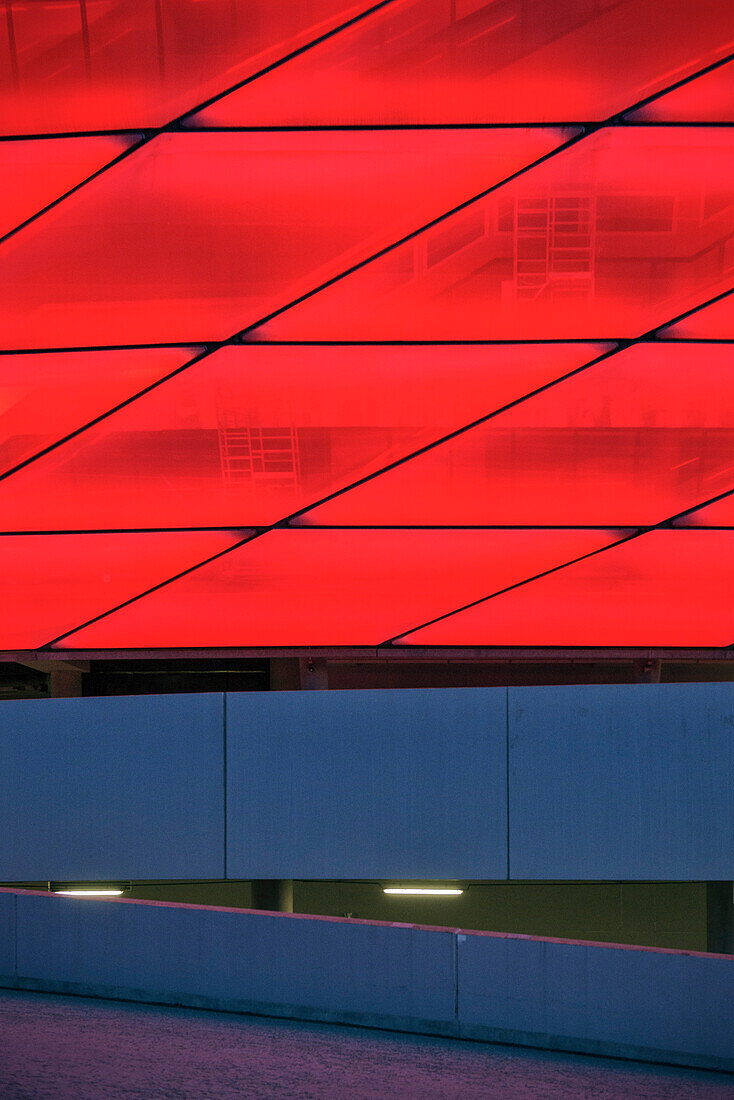 detail of facade of Allianz Arena at night, red light, football stadium, Munich, Bavaria, Germany
