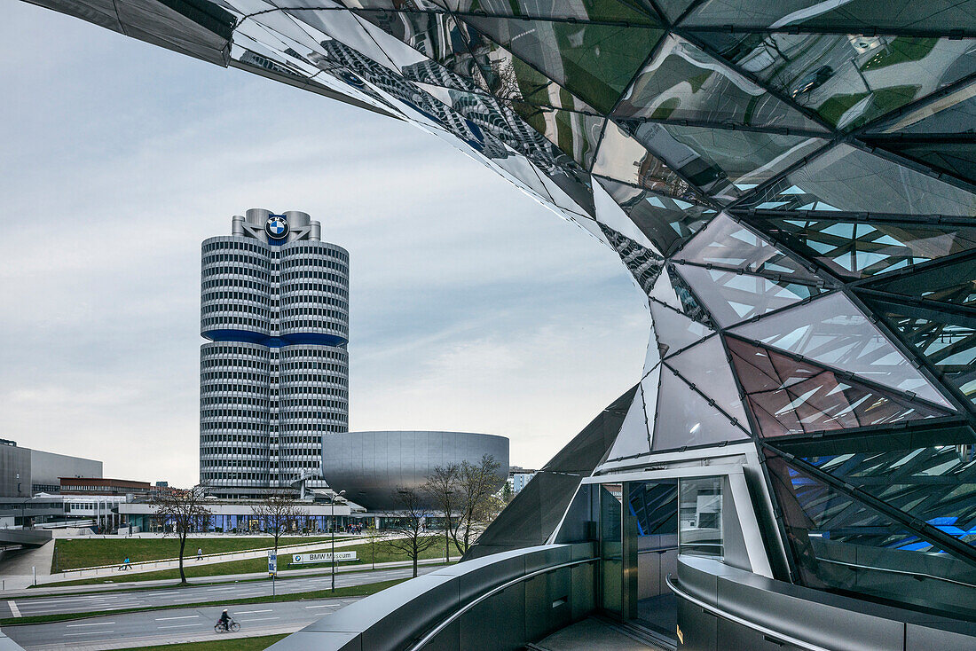 View from BMW world to BMW Museum and BMW Headquarters, Olympic park, Munich, Bavaria, Germany, Architects Coop Himmelblau