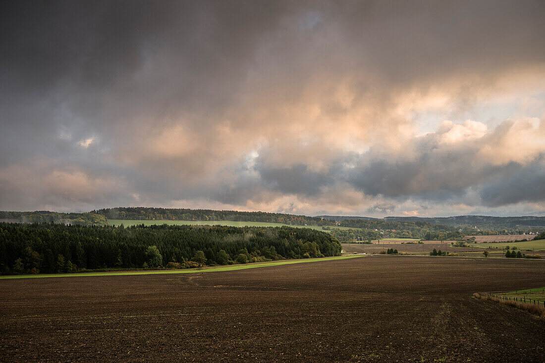 View in Autumn to fields and the nearby Thuringian Forest, Thuringia, Germany