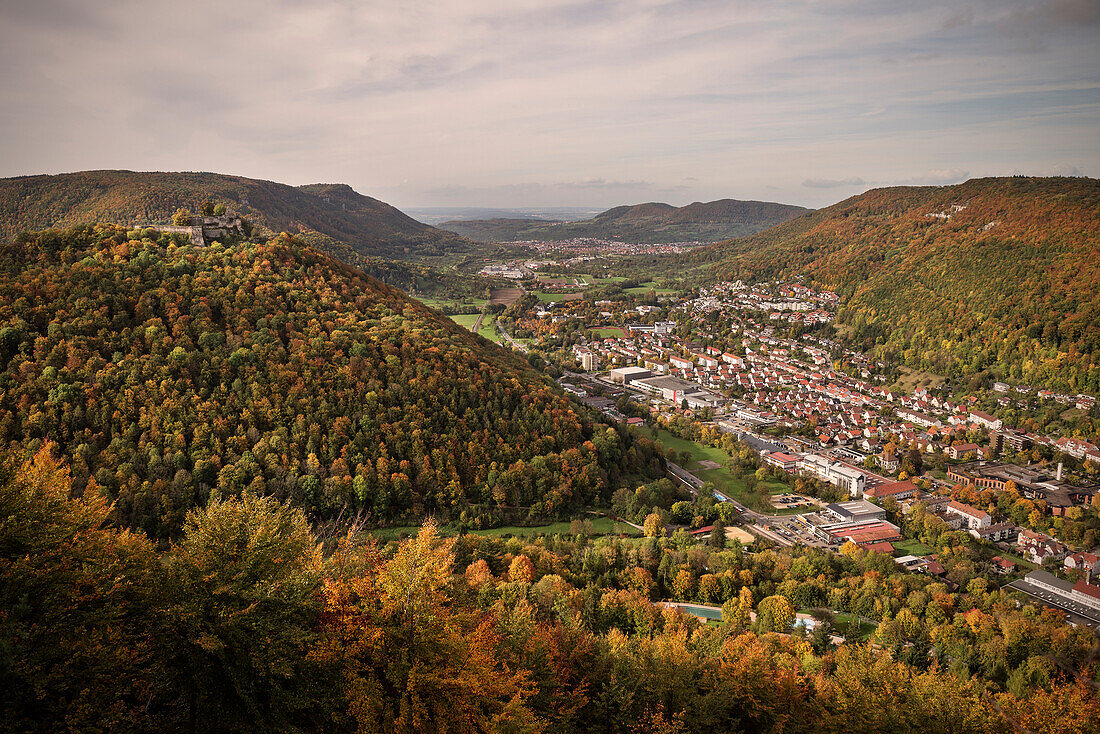 View to Bad Urach and ruin, Swabian Alp, Baden-Wuerttemberg, Germany