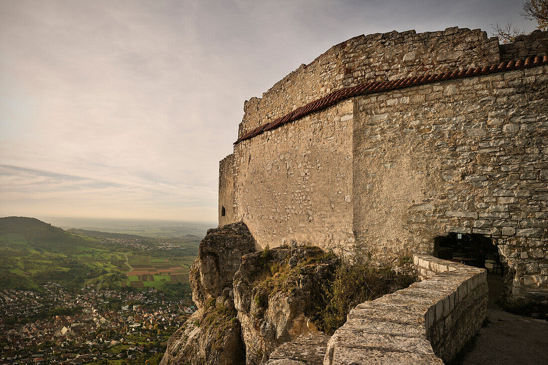 Rampart of Hohenneuffen rock fortress during warm autumn light, around Kirchheim Teck, Swabian Alp, Baden-Wuerttemberg, Germany