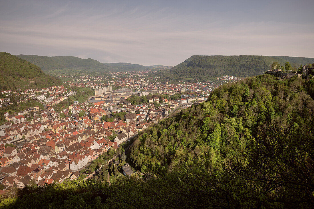 View from Helfenstein ruin to Geislingen, Swabian Alp, Baden-Wuerttemberg, Germany