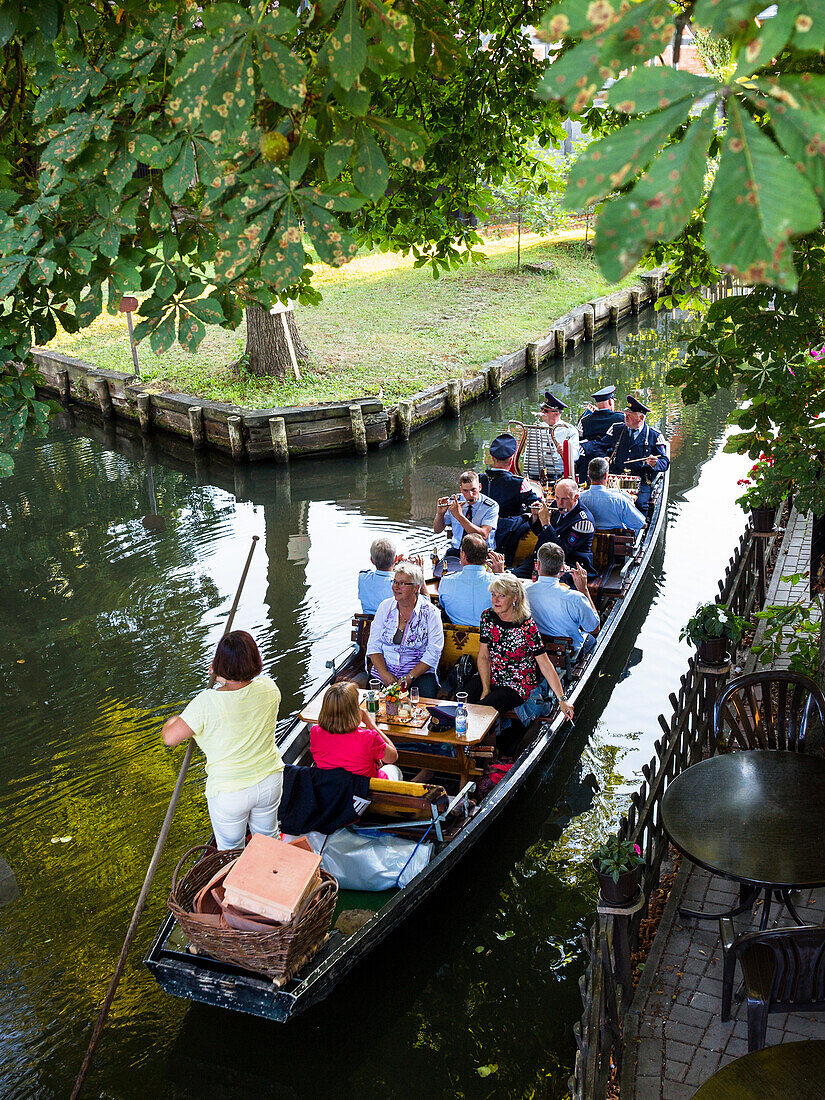 Tourists taking a boat tour in Spreewald, UNESCO biosphere reserve, Brandenburg, Germany, Europe