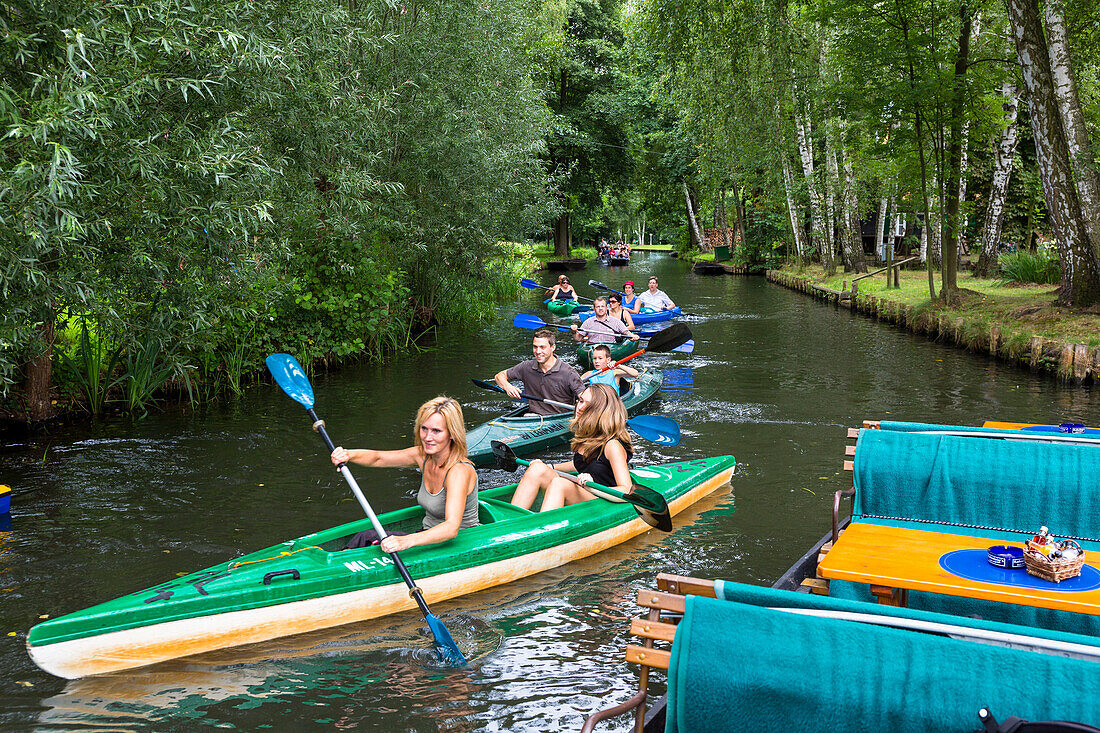 Kajaking on a river in the Spreewald, UNESCO biosphere reserve, Brandenburg, Germany, Europe