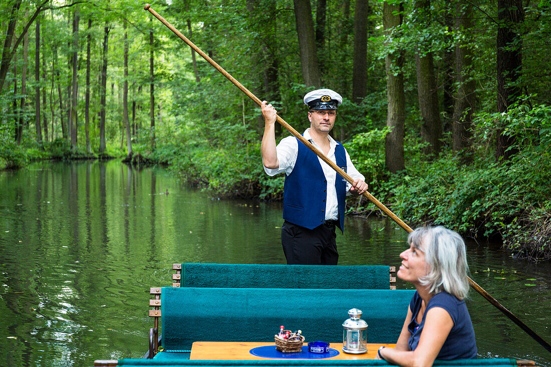 Boat tour in Spreewald with captain, Spree, UNESCO biosphere reserve, Lehde, Luebbenau, Brandenburg, Germany, Europe