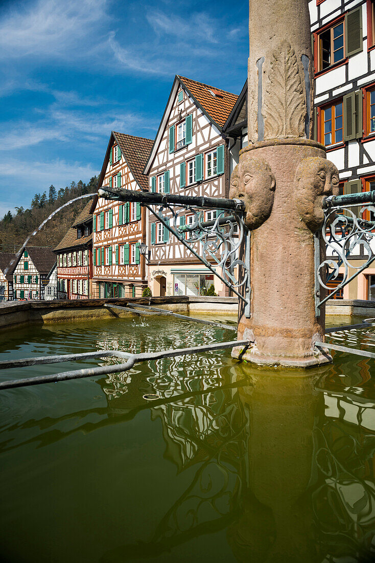 Fachwerkhäuser und Brunnen, Schiltach, Schwarzwald, Baden-Württemberg, Deutschland