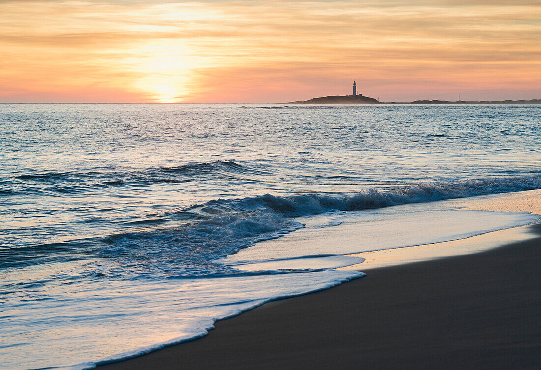 'View of the coastline in the distance at sunset;Canos de meca costa de la luz cadiz andalusia spain'