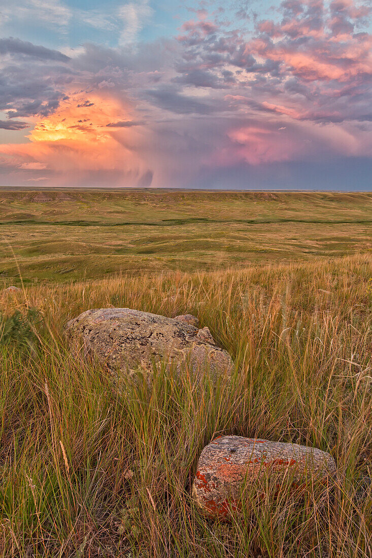 'A large storm cell is seen on the horizon at sunset in grasslands national park;Saskatchewan canada'