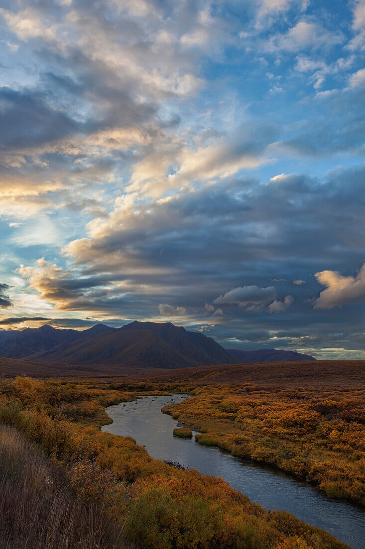 'The blackstone river flows through the colourful tundra at sunset along the dempster highway;Yukon canada'