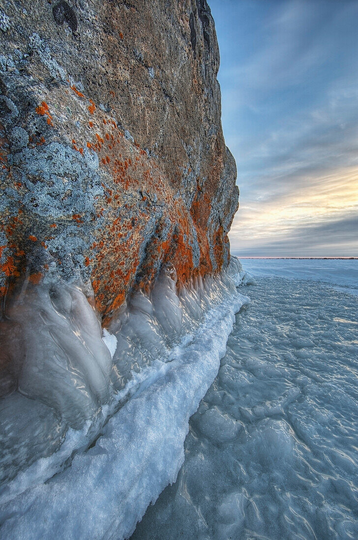 'Large lichen covered rock in a frozen lake situated on the flats beside hudson's bay;Manitoba canada'