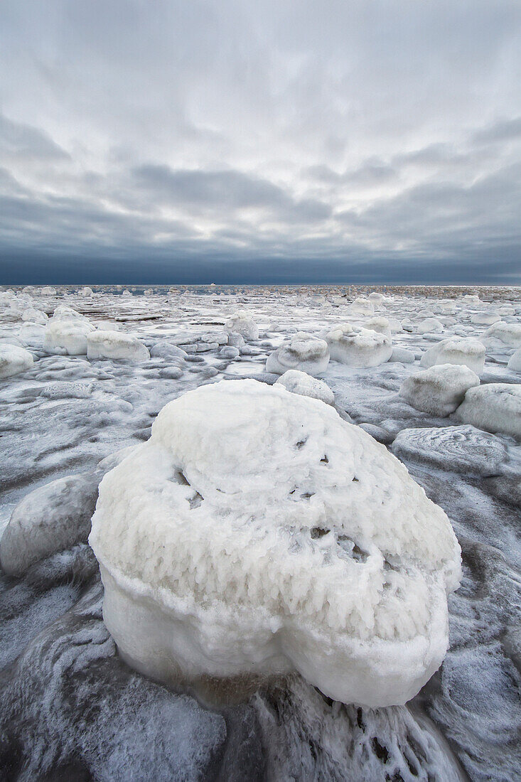 'Ice covered rock along the shores of hudson's bay outside churchill;Manitoba canada'