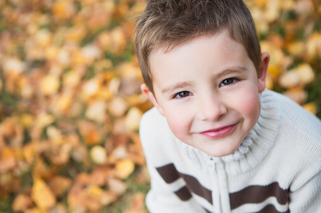 'Portrait of a young boy in autumn;St. albert alberta canada'