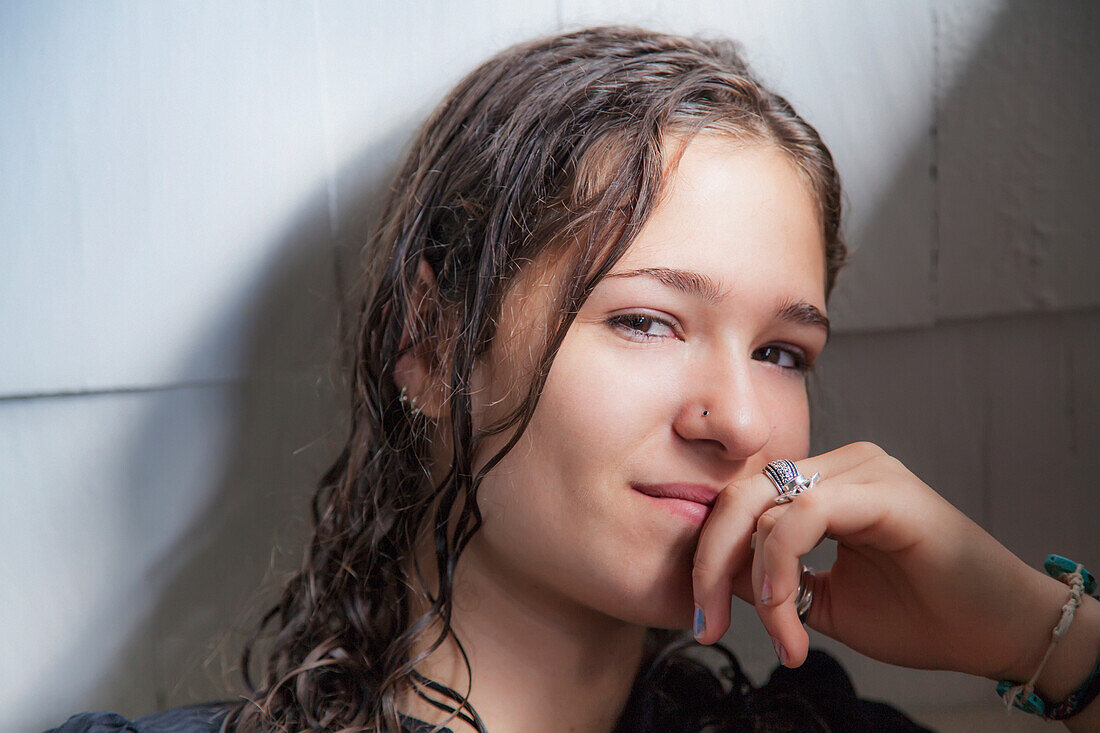 'Portrait of a teenage girl with wet hair;Connecticut united states of america'
