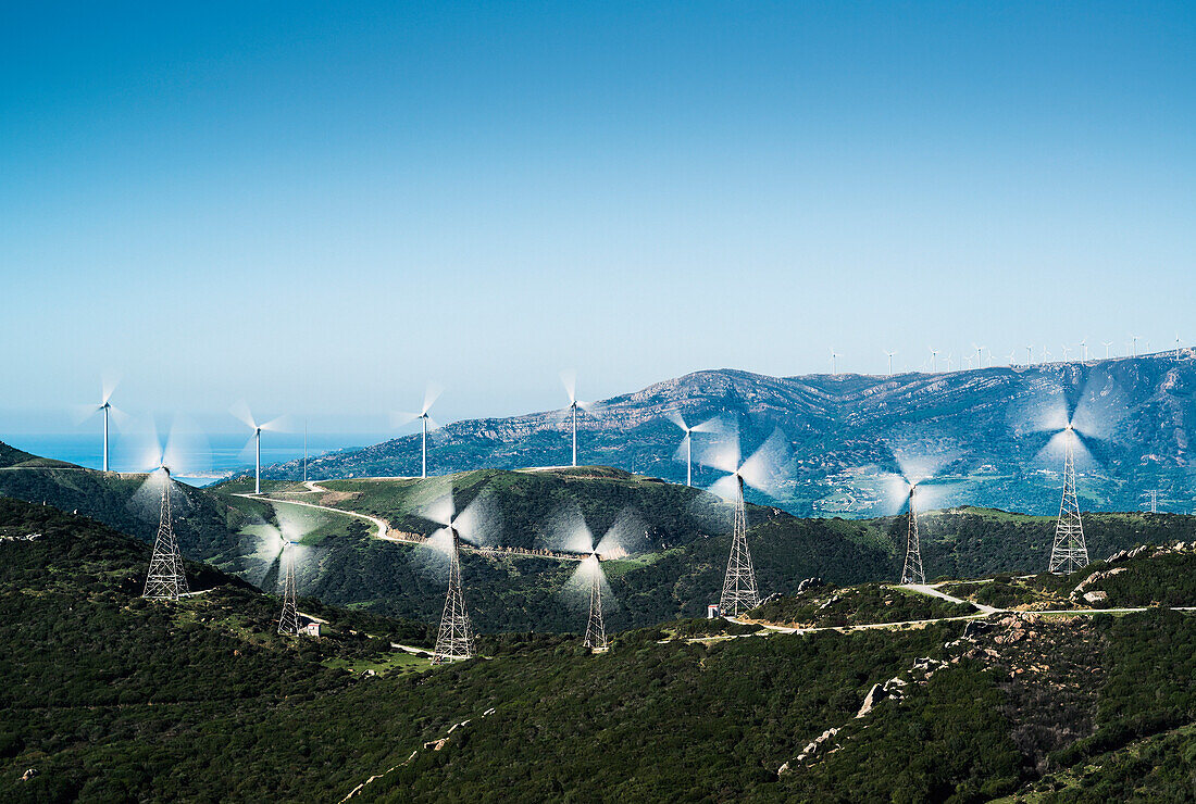 'Wind turbines on a hill;Tarifa cadiz andalusia spain'