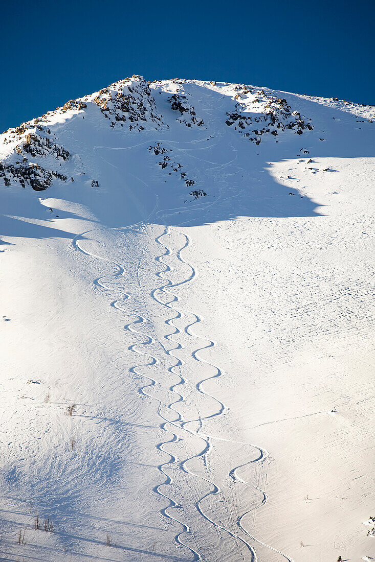 'Snow covered mountain peak with skier tracks and deep blue sky;Lake louise alberta canada'