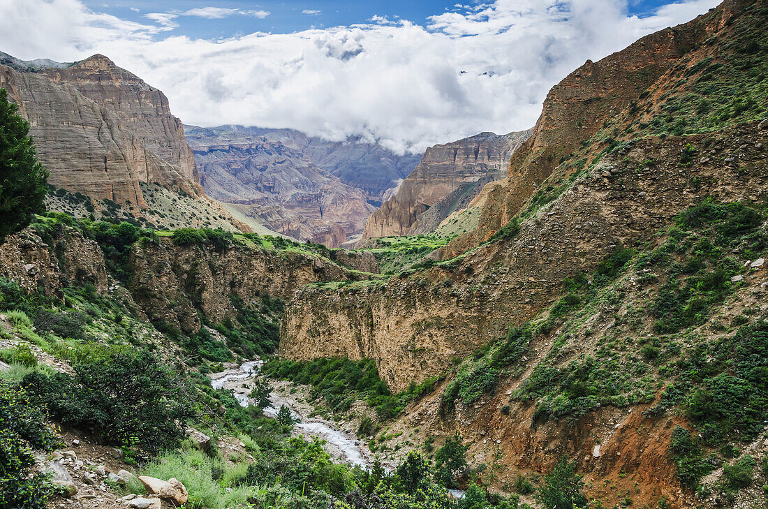'Deep mountain river canyon between nepalese villages samar and gemi;Upper mustang region nepal'