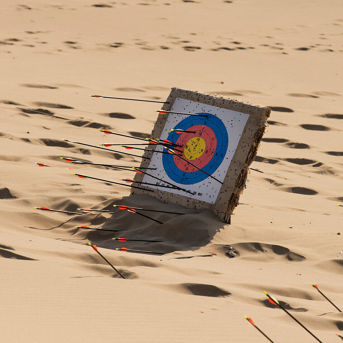 Arrows stuck in a target on the sand