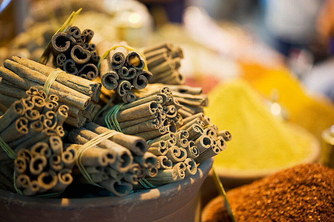 'Cinnamon sticks and spices for sale in spice bazaar;Istanbul turkey'