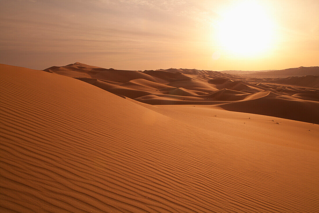 'Sunset Over The Sand Dunes; Liwa Oasis, Abu Dhabi, United Arab Emirates'
