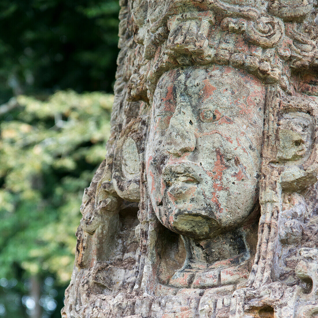 'A Stone Face Carved In A Maya Civilization At Copan Ruins; Copan, Honduras'