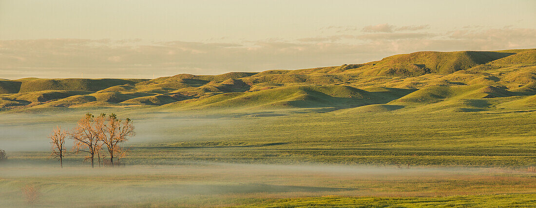 'Sunrise with fog in the valleys, Grasslands National Park; Saskatchewan, Canada'