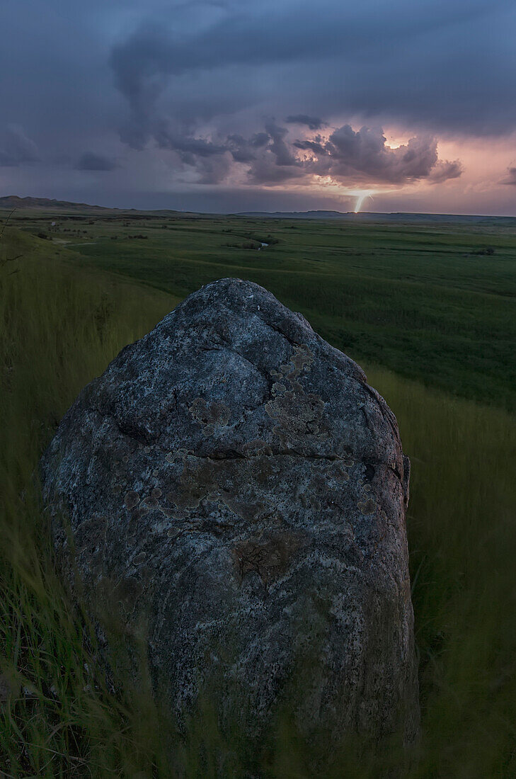 'Storm with lightning over the Frenchman River Valley, Grasslands National Park; Saskatchewan, Canada'