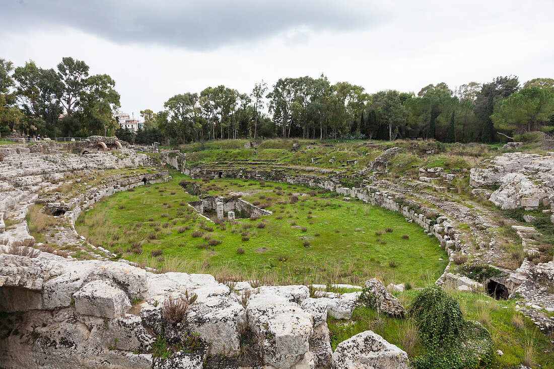 Roman amphitheater, Parco Archeologico della Neapoli, Syracuse, Sicily, Italy