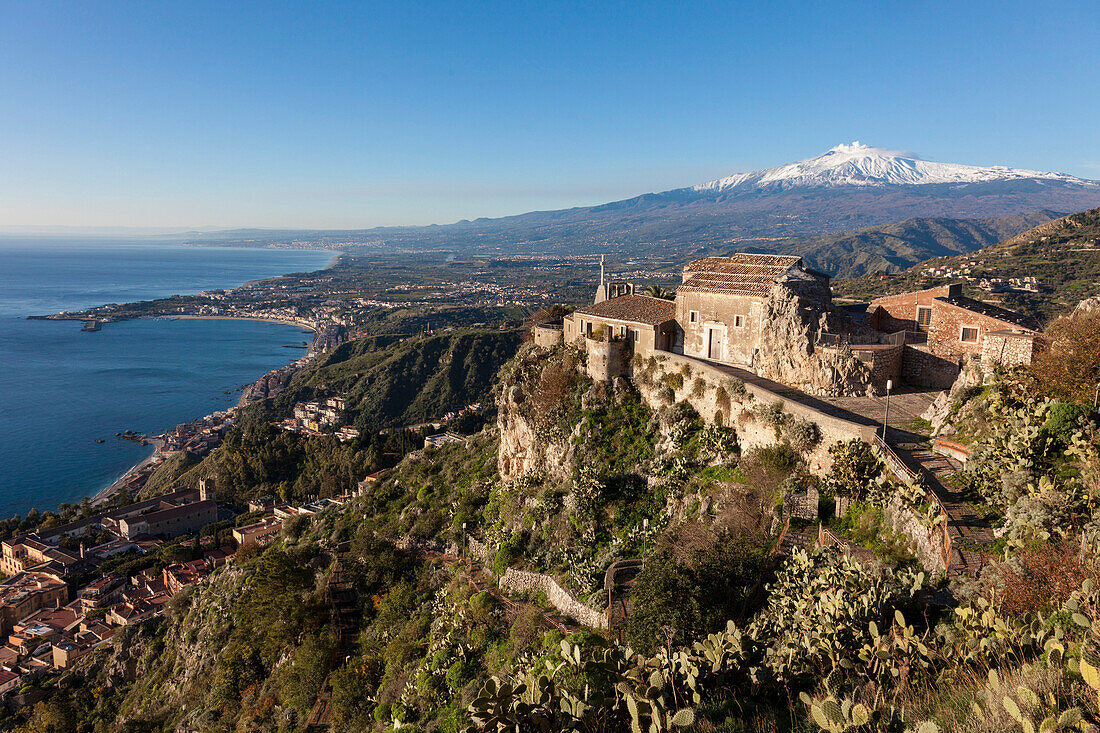 Church Santa Madonna della Rocca, Mount Etna in background, Taormina, Messina, Sicily, Italy