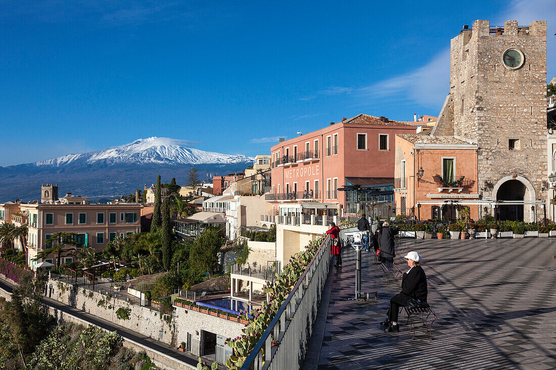 View from Piazza IX. Aprile to Mount Etna, Taormina, Messina, Sicily, Italy