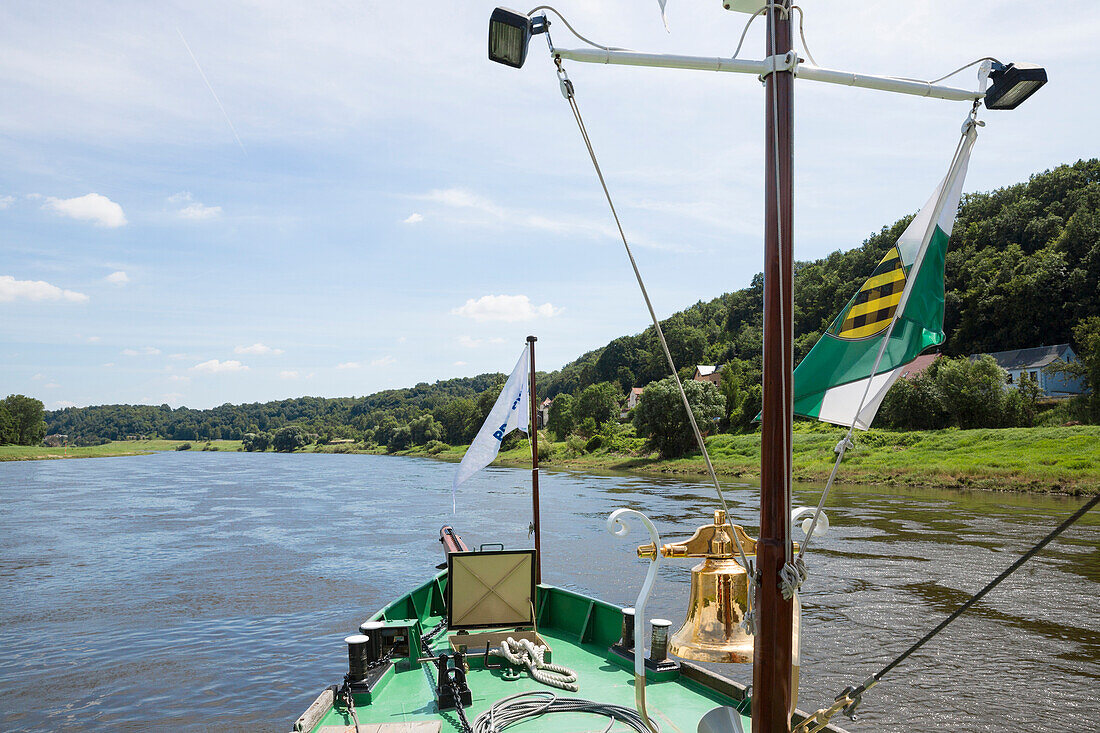 Paddle steamer on river Elbe between Diesbar-Seusslitz and Meisen, Saxony, Germany