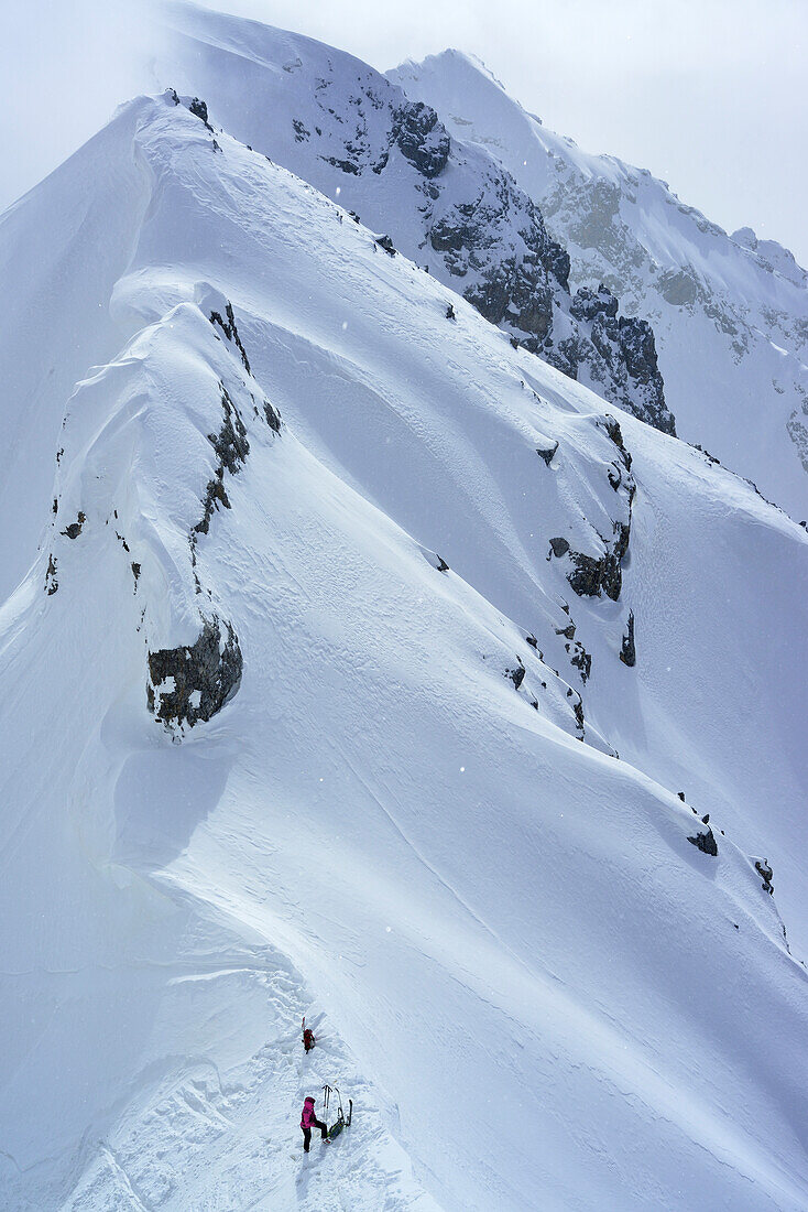 Female back-country skier standing in notch between Piz Zuort and Piz da la Crappa, Piz Zuort, Sesvenna Alps, Engadin, Graubuenden, Switzerland