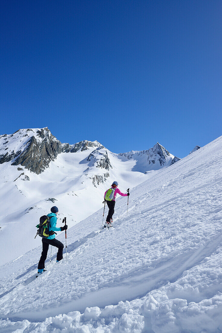 Zwei Frauen auf Skitour steigen zum Hinteren Seelenkogel auf, Granatenkogel, Liebener Spitze und Heufler Kogel im Hintergrund, Obergurgl, Ötztaler Alpen, Tirol, Österreich
