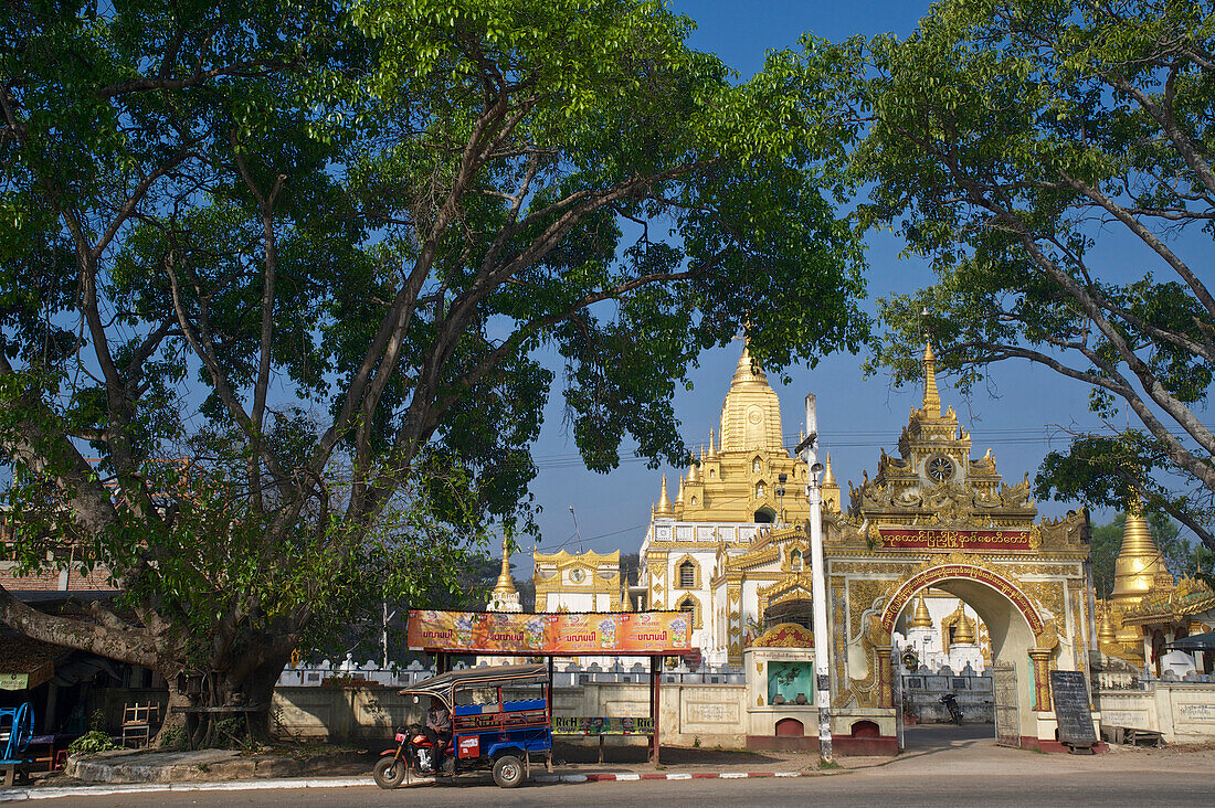 Motor riksha waiting in front of a temple in Loikaw, Kayah State, Karenni State, Myanmar, Burma, Asia